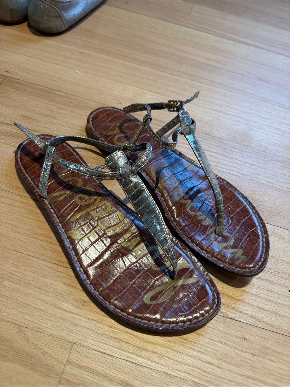 Sam Edelman Brown Croc-Embossed Footbed with Metallic Silver T-Strap Sandals